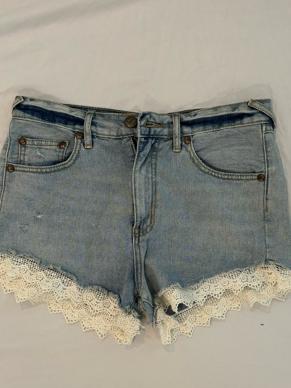 Free People Light Blue Denim Shorts with Cream Lace Trim